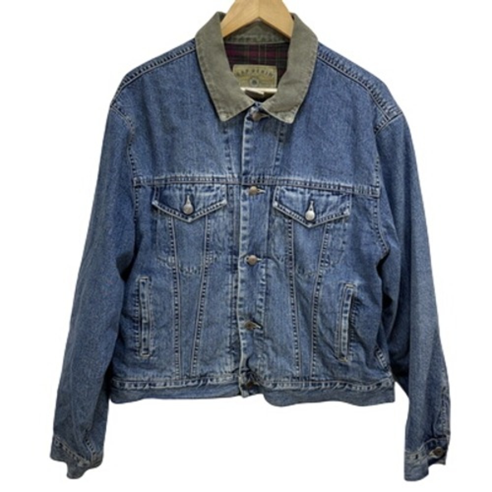 GAP Vintage 90s Denim Trucker Jacket Size L Corduroy Collar Plaid Flannel Lined